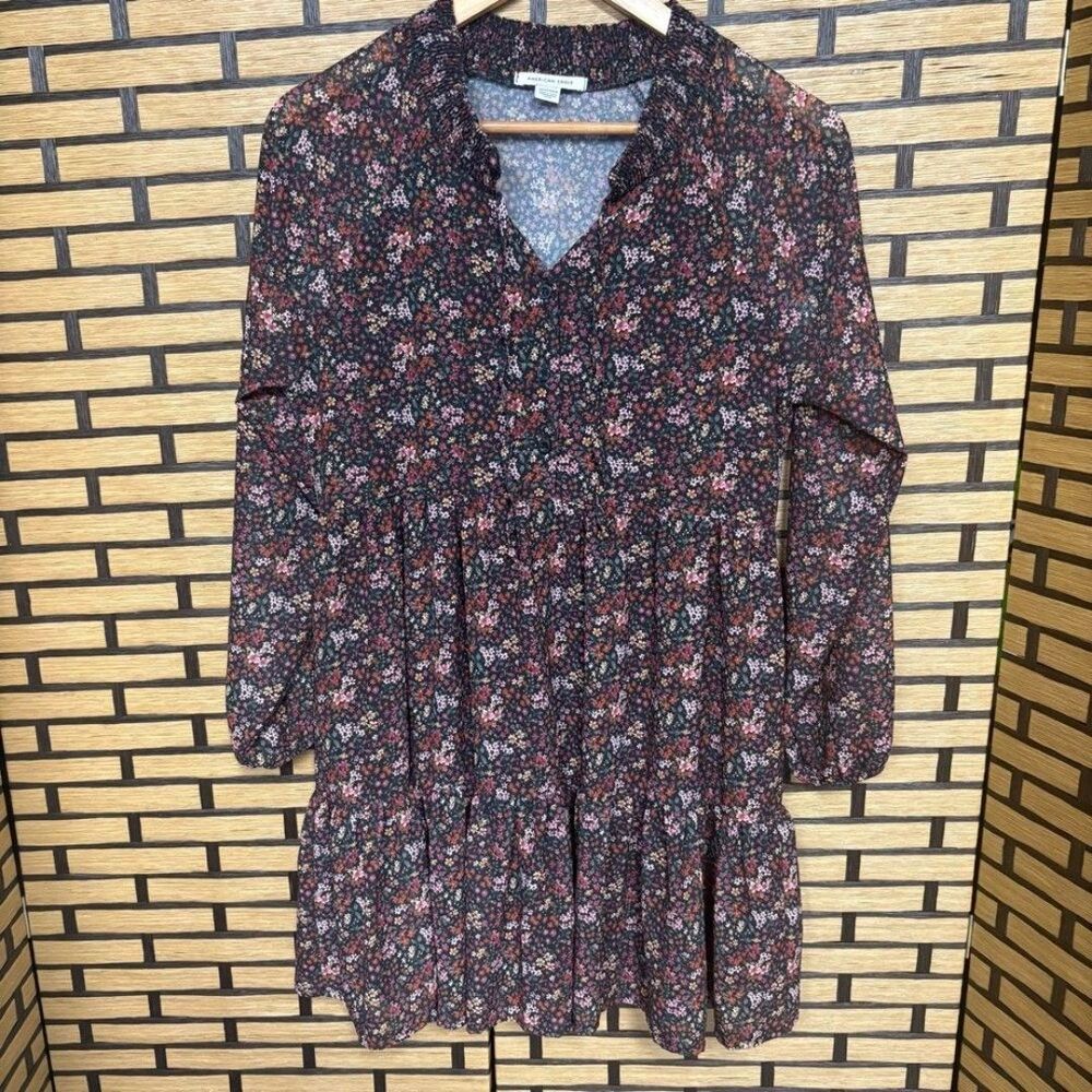 American Eagle Black Floral Button Front Tie Neck Dress Size XS